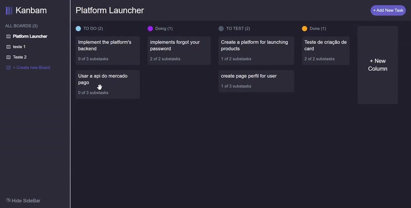 Screenshot do site de kanbam