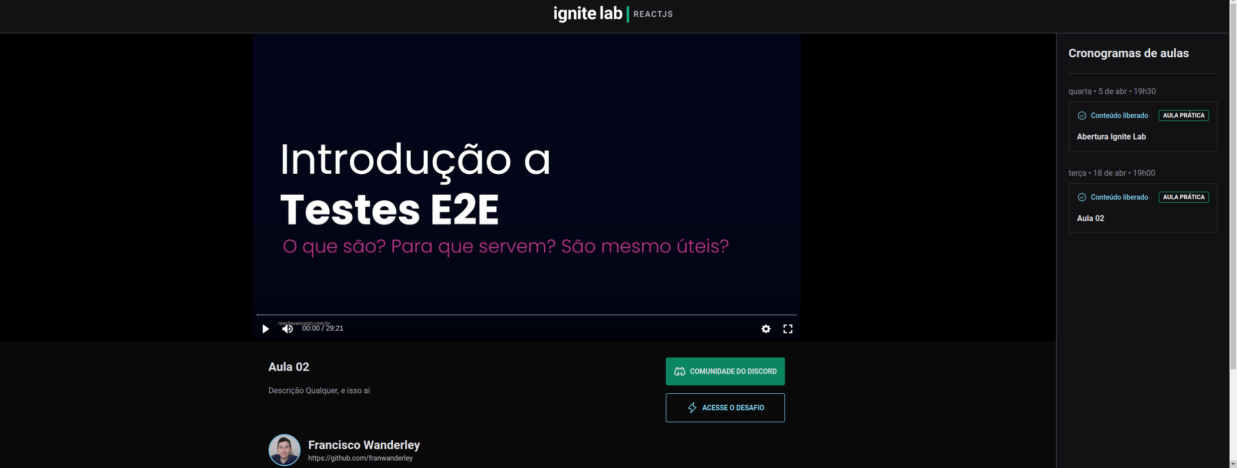 Screenshot do site de video-aula feito durante o curso Especialização em React || RocketSeat